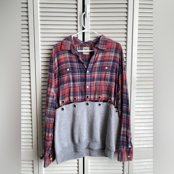 Furst of a Kind Half Flannel Half Sweatshirt with Grommets and Rings Large - Picture 1 of 5